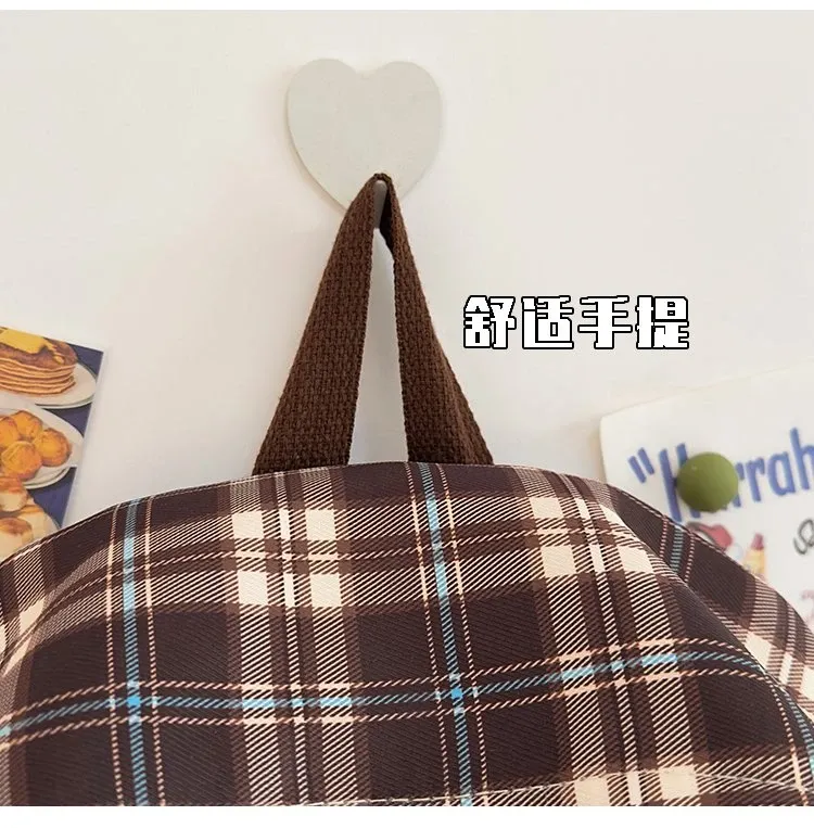 Tas Ransel Wanita Bahan Nylon Motif Plaid Warna Biru Bentuk Kotak Tali Lebar Grosir Import