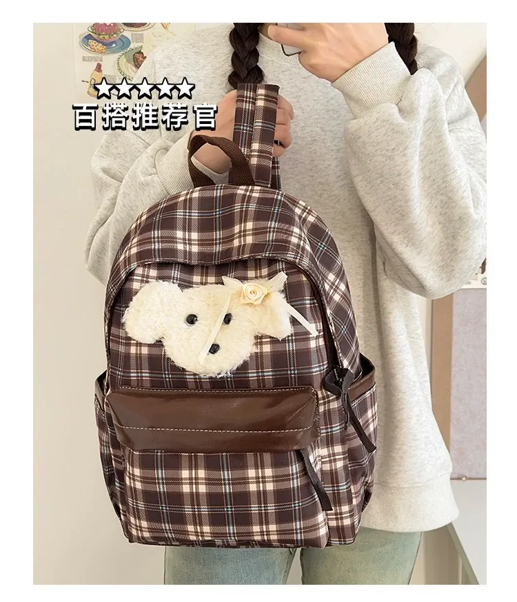Tas Ransel Wanita Bahan Nylon Motif Plaid Warna Biru Bentuk Kotak Tali Lebar Grosir Import