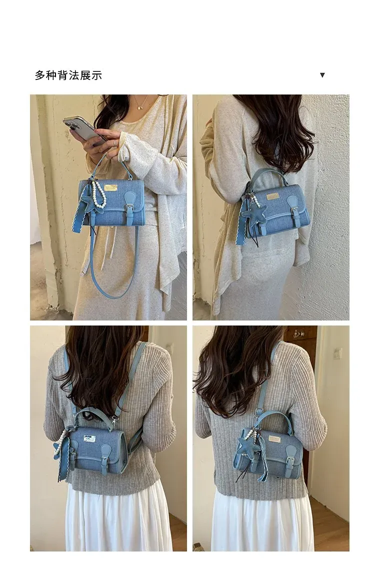 Tas Selempang Wanita Bahan PU Sintetis Polos Warna Biru Bentuk Kotak Tali Model Import