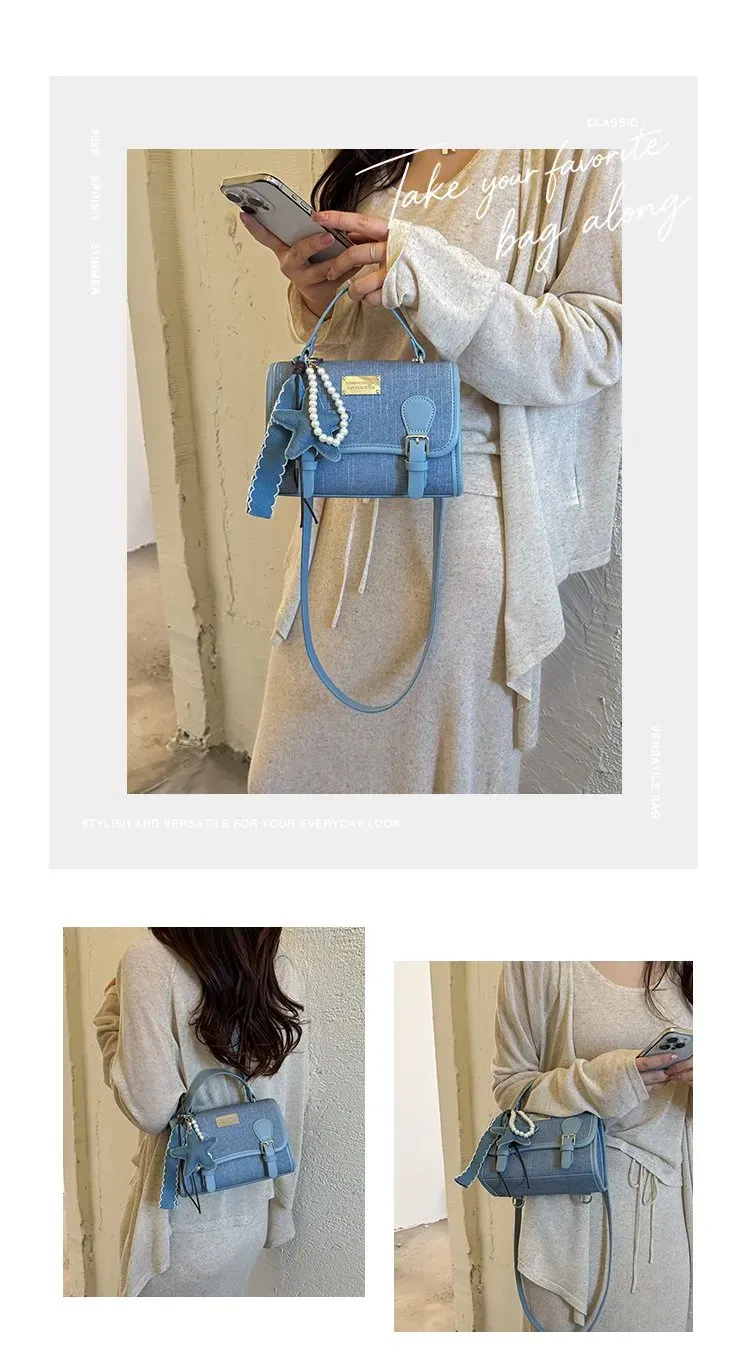 Tas Selempang Wanita Bahan PU Sintetis Polos Warna Biru Bentuk Kotak Tali Model Import