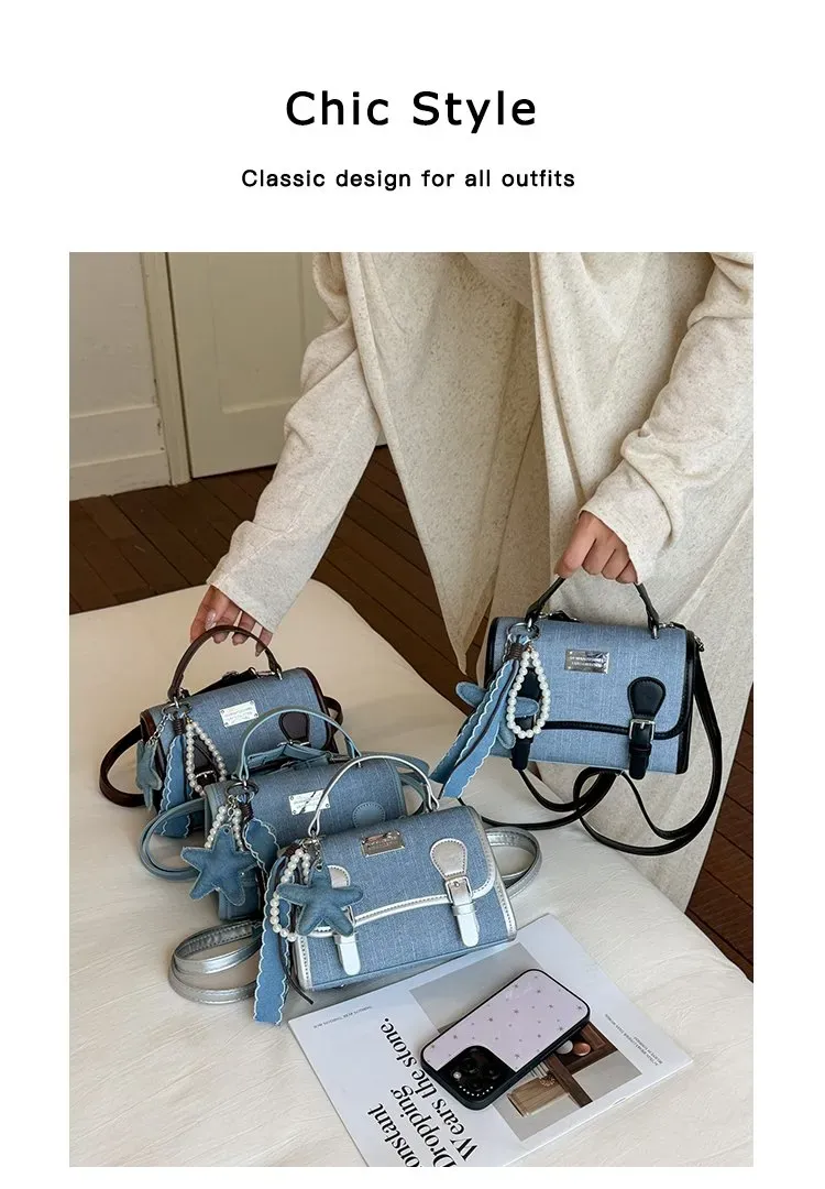 Tas Selempang Wanita Bahan PU Sintetis Polos Warna Biru Bentuk Kotak Tali Model Import