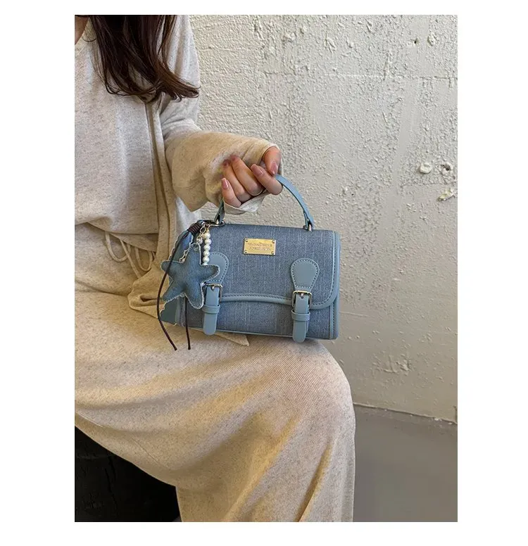 Tas Selempang Wanita Bahan PU Sintetis Polos Warna Biru Bentuk Kotak Tali Model Import