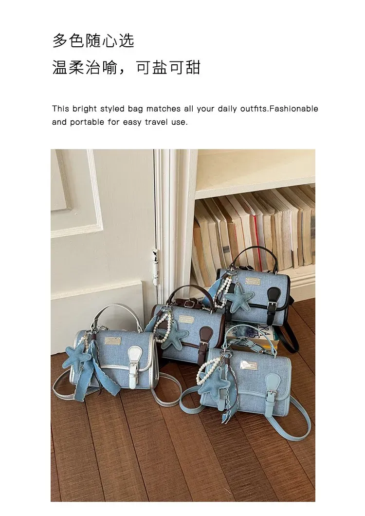Tas Selempang Wanita Bahan PU Sintetis Polos Warna Biru Bentuk Kotak Tali Model Import