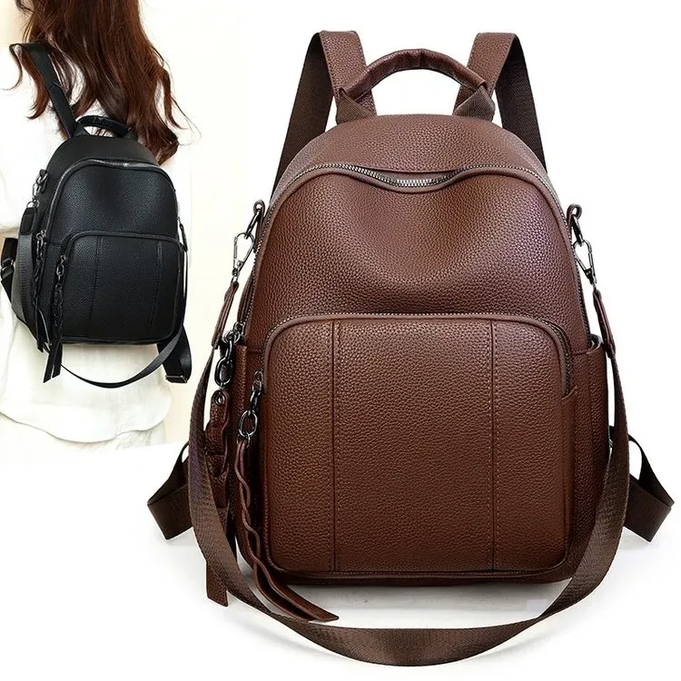Tas Ransel Wanita Bahan Nylon Polos Warna Hitam Bentuk Kotak Tali Lebar Resleting Grosir Import
