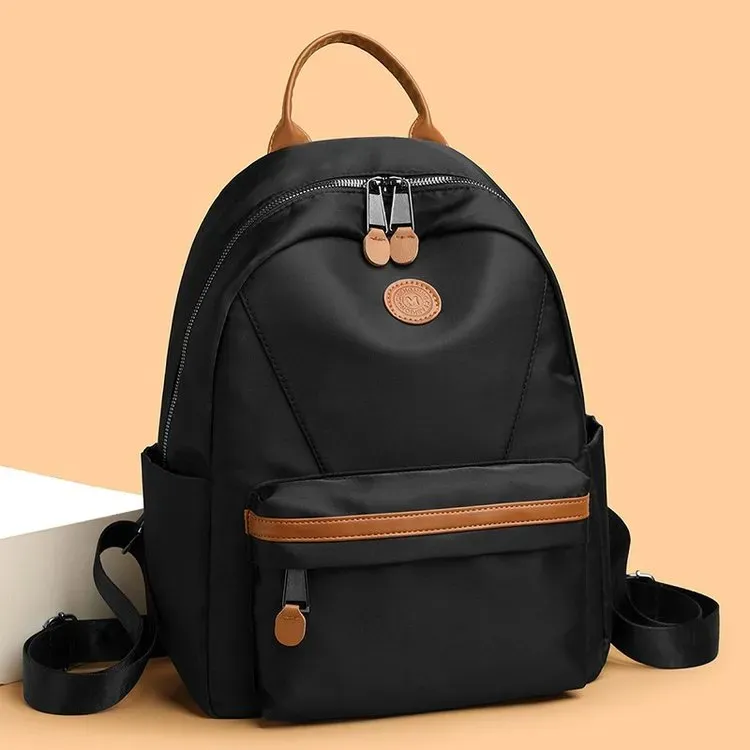 Tas Ransel Wanita Bahan Nylon Polos Warna Hitam Bentuk Kotak Tali Lebar Resleting Grosir Import