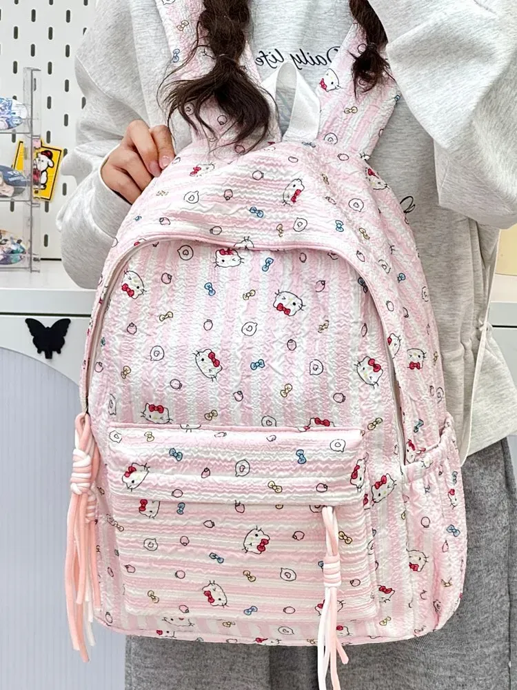 Tas Ransel Wanita Bahan Kain Motif Print Warna Pink Bentuk Kotak Tali Lebar Grosir Import