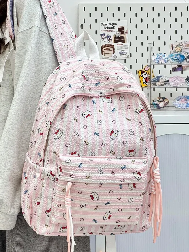 Tas Ransel Wanita Bahan Kain Motif Print Warna Pink Bentuk Kotak Tali Lebar Grosir Import