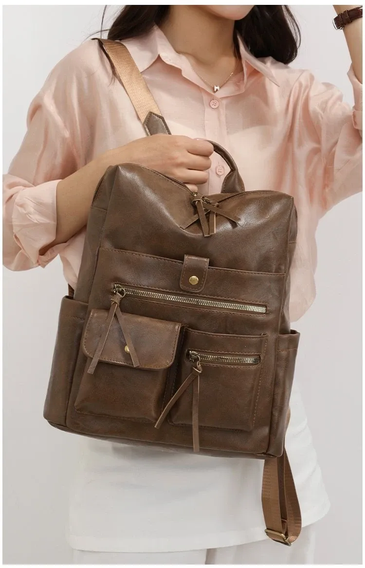 Tas Ransel Wanita Bahan PU Sintetis Polos Warna Hitam Bentuk Kotak Tali Lebar untuk Reseller