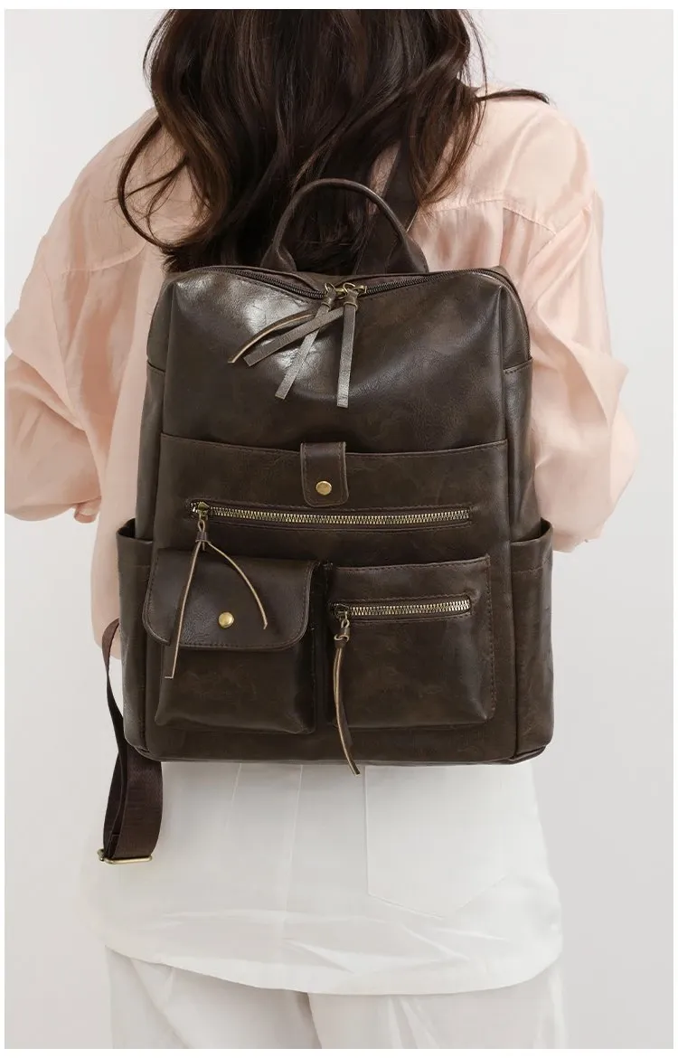 Tas Ransel Wanita Bahan PU Sintetis Polos Warna Hitam Bentuk Kotak Tali Lebar untuk Reseller