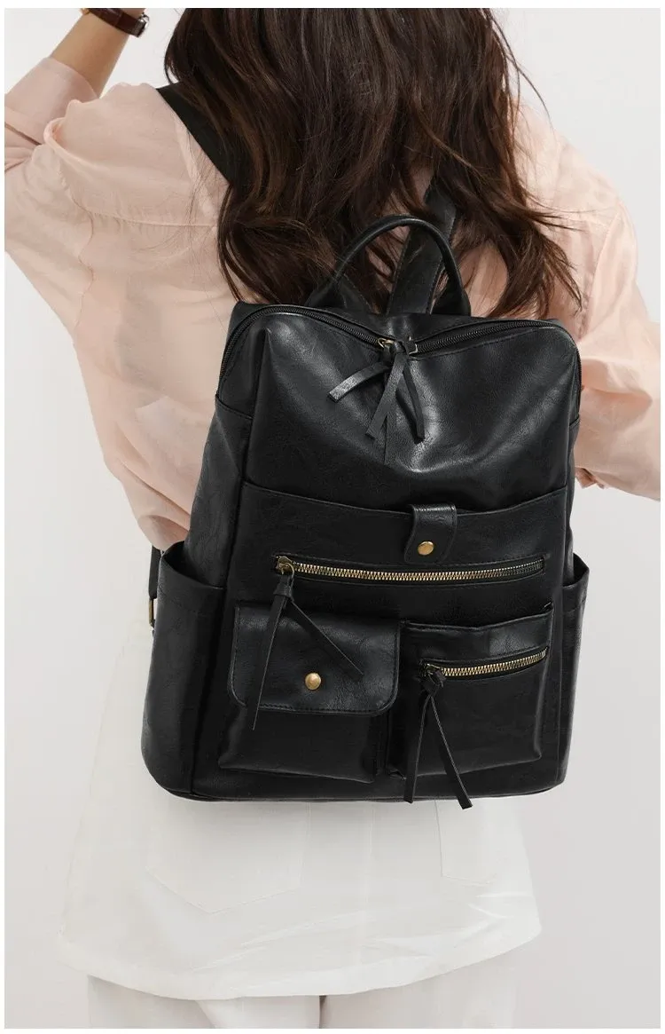 Tas Ransel Wanita Bahan PU Sintetis Polos Warna Hitam Bentuk Kotak Tali Lebar untuk Reseller