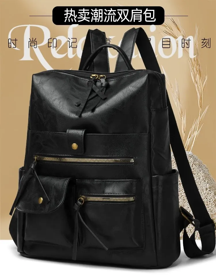 Tas Ransel Wanita Bahan PU Sintetis Polos Warna Hitam Bentuk Kotak Tali Lebar untuk Reseller