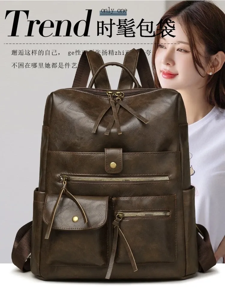 Tas Ransel Wanita Bahan PU Sintetis Polos Warna Hitam Bentuk Kotak Tali Lebar untuk Reseller