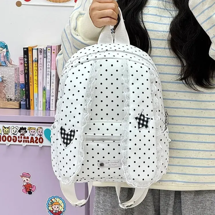 Tas Ransel Wanita Bahan Nylon Motif Polkadot Warna Putih Bentuk Kotak Tali Lebar Grosir Import