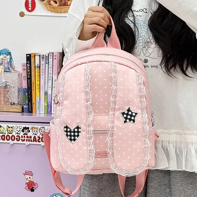 Tas Ransel Wanita Bahan Nylon Motif Polkadot Warna Putih Bentuk Kotak Tali Lebar Grosir Import
