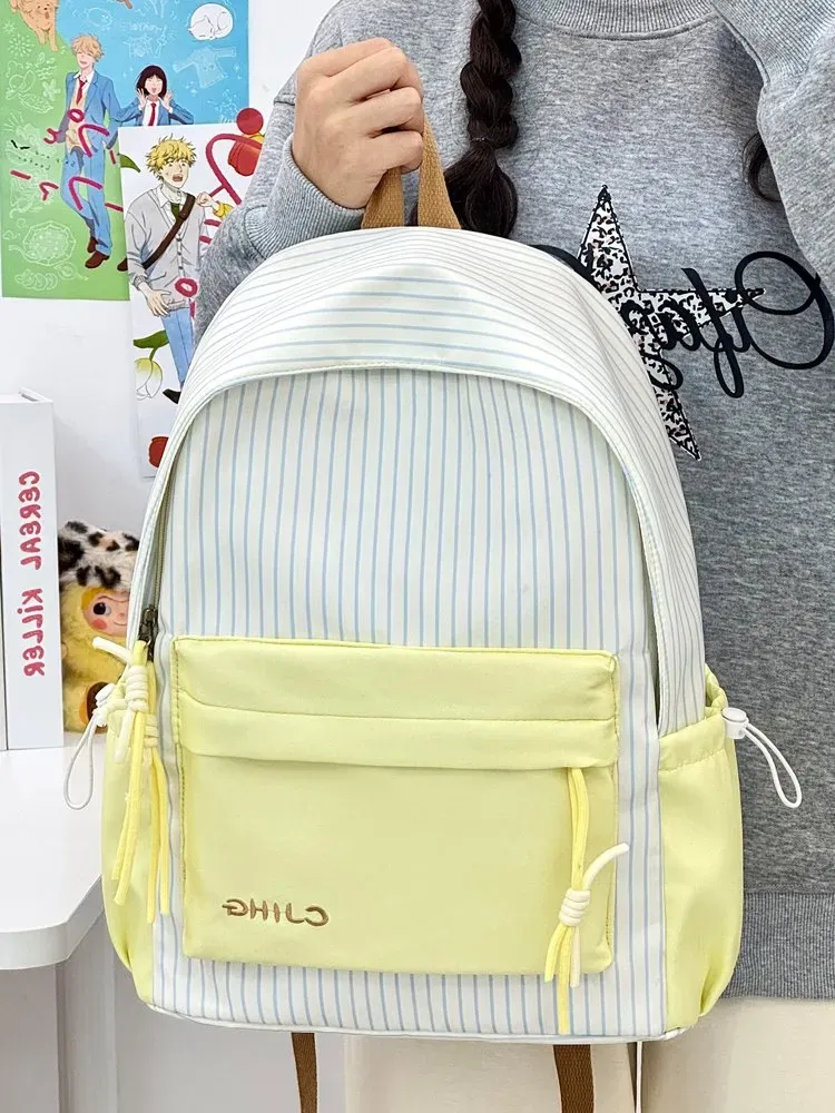 Tas Ransel Wanita Bahan Nylon Motif Garis Vertikal Warna Biru Bentuk Kotak Tali Grosir Import