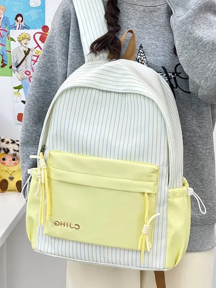 Tas Ransel Wanita Bahan Nylon Motif Garis Vertikal Warna Biru Bentuk Kotak Tali Grosir Import