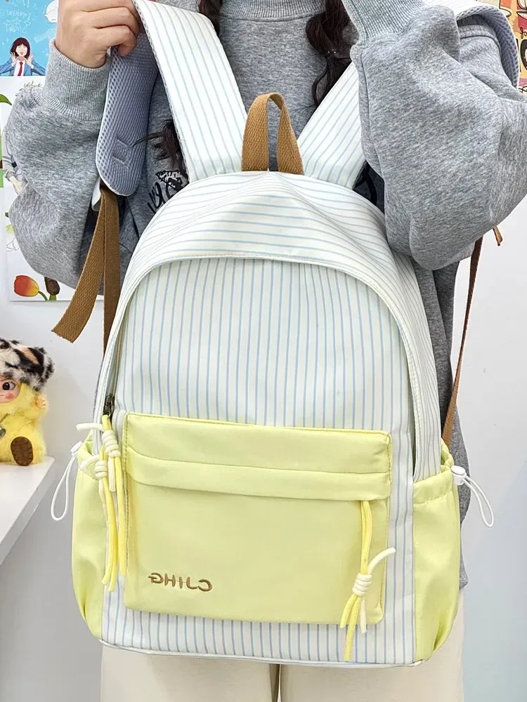 Tas Ransel Wanita Bahan Nylon Motif Garis Vertikal Warna Biru Bentuk Kotak Tali Grosir Import