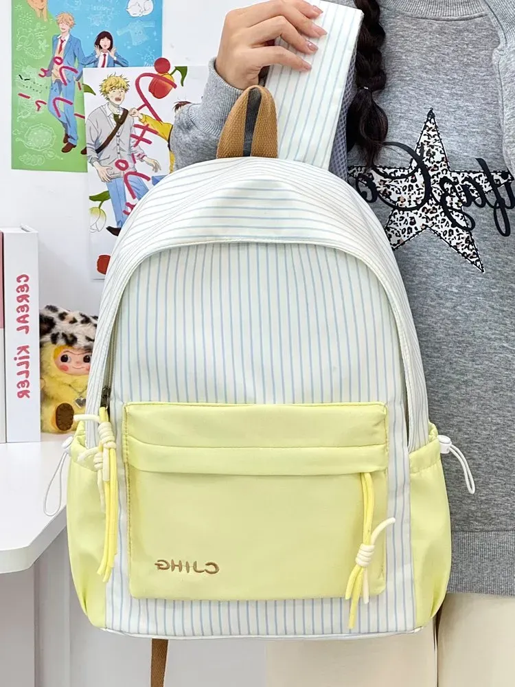 Tas Ransel Wanita Bahan Nylon Motif Garis Vertikal Warna Biru Bentuk Kotak Tali Grosir Import