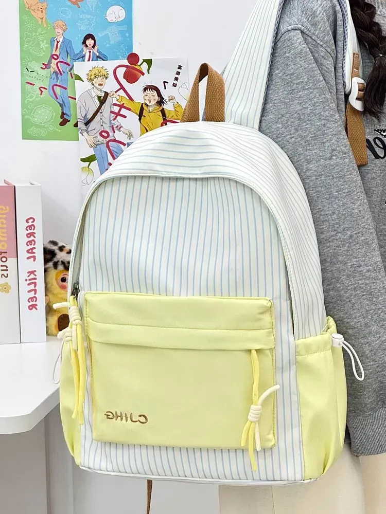 Tas Ransel Wanita Bahan Nylon Motif Garis Vertikal Warna Biru Bentuk Kotak Tali Grosir Import