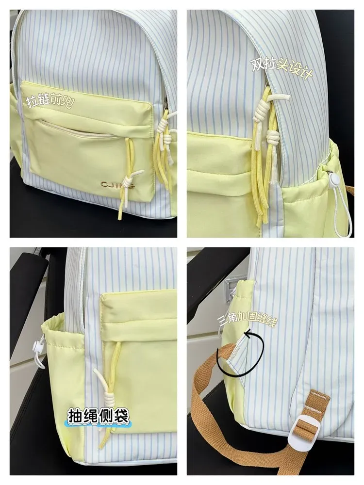 Tas Ransel Wanita Bahan Nylon Motif Garis Vertikal Warna Biru Bentuk Kotak Tali Grosir Import