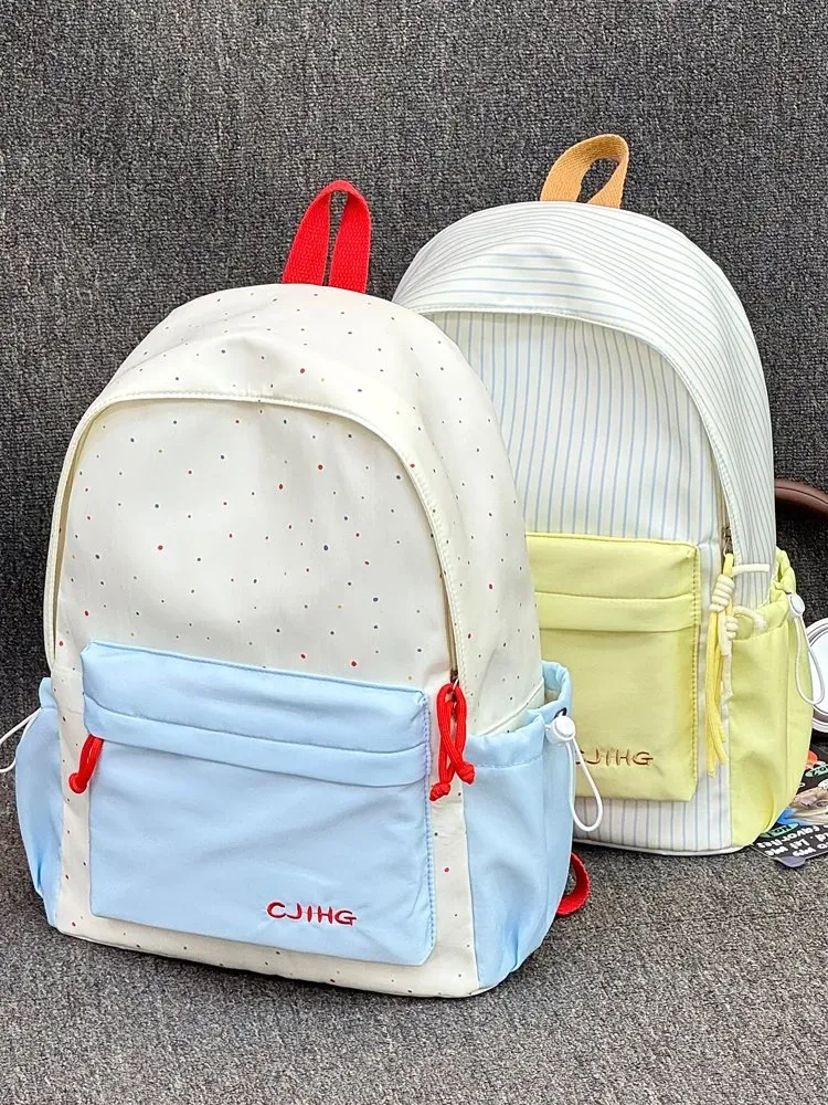 Tas Ransel Wanita Bahan Nylon Motif Garis Vertikal Warna Biru Bentuk Kotak Tali Grosir Import