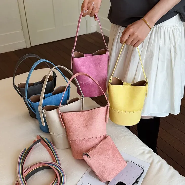 Tas Bucket Wanita Bahan PU Sintetis Polos Warna Pink Bentuk Bucket Tali Panjang Grosir Import