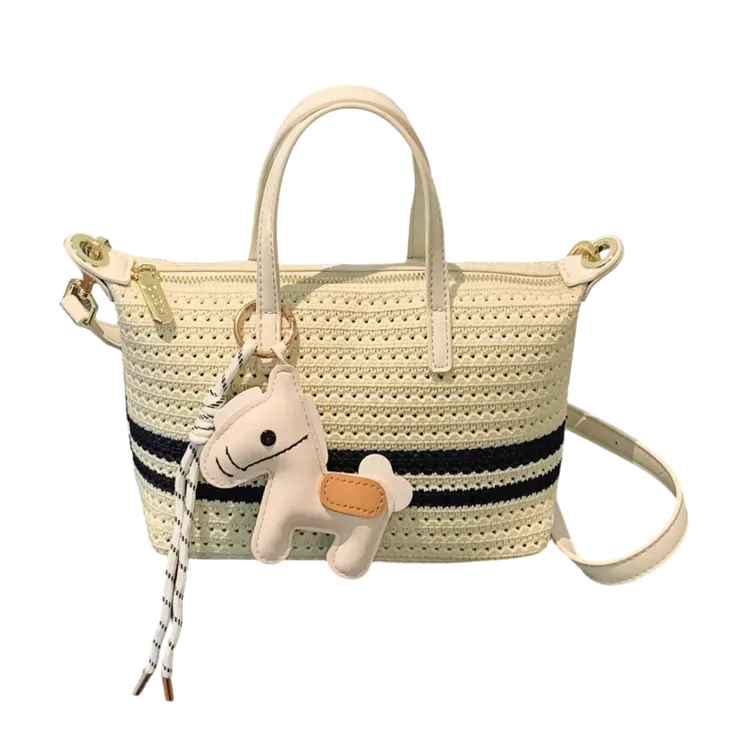 Tas Selempang Wanita Bahan PU Sintetis Motif Garis Warna Hitam Bentuk Kotak Tali Motif Floral