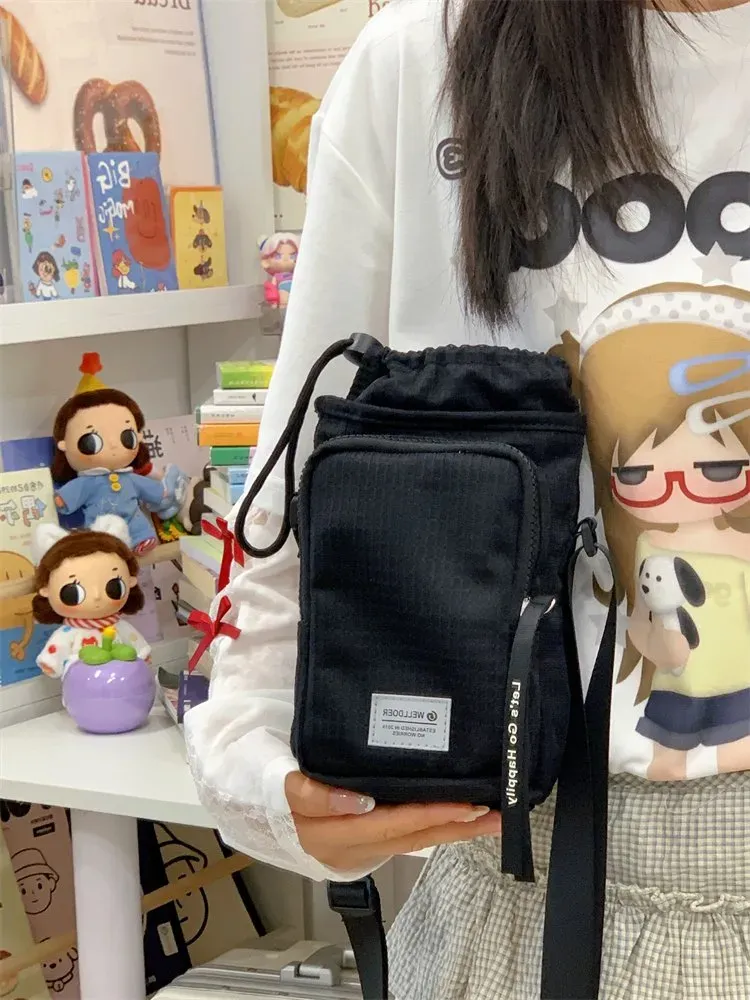 Tas Selempang Wanita Bahan Nylon Polos Warna Hitam Bentuk Kotak Tali Panjang untuk Reseller