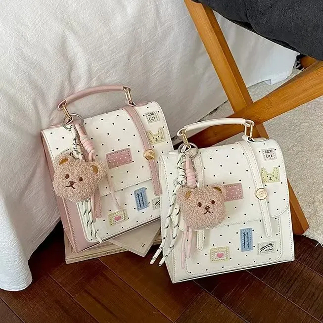 Tas Ransel Wanita Bahan PU Sintetis Motif Polkadot Warna Putih Bentuk Kotak Tali Grosir Import
