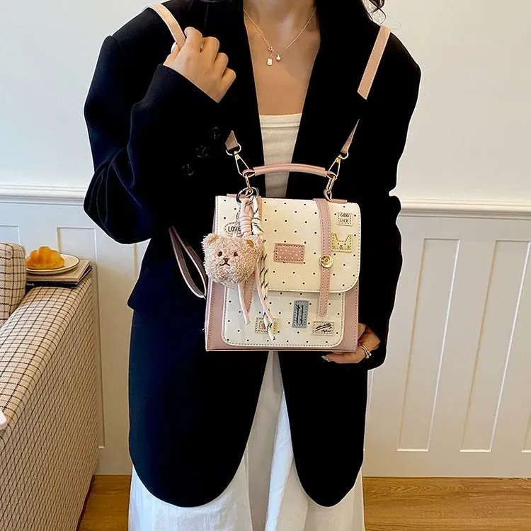 Tas Ransel Wanita Bahan PU Sintetis Motif Polkadot Warna Putih Bentuk Kotak Tali Grosir Import