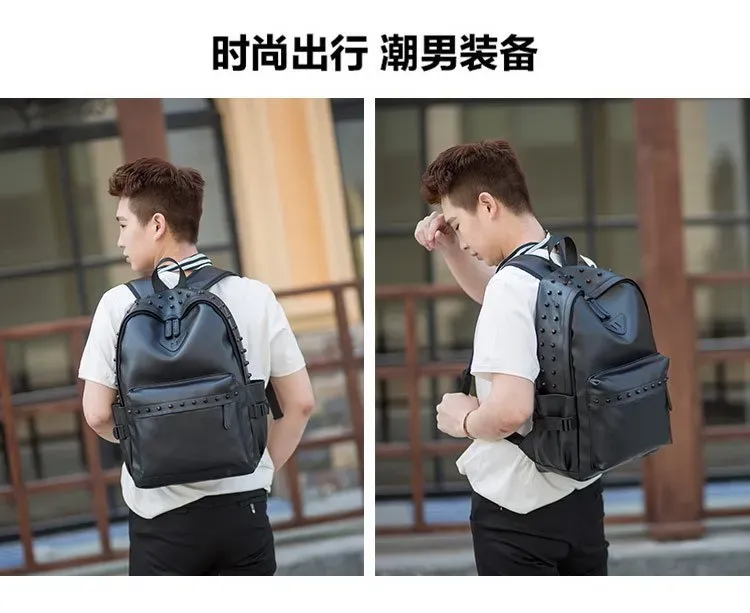 Tas Ransel Pria Bahan PU Sintetis Polos Warna Hitam Bentuk Kotak Tali Lebar untuk Sekolah