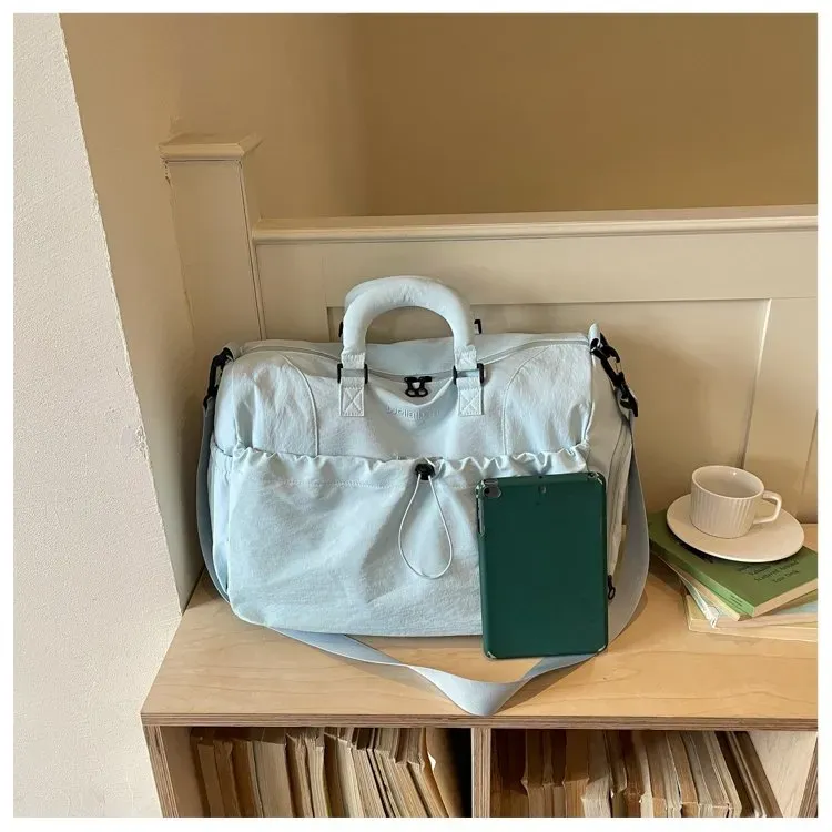 Tas Selempang Wanita Bahan Nylon Polos Warna Biru Bentuk Kotak Tali Panjang untuk Travel
