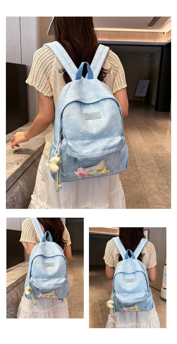 Tas Ransel Wanita Bahan Nylon Motif Print Warna Biru Bentuk Kotak Tali Lebar Dengan Gantungan