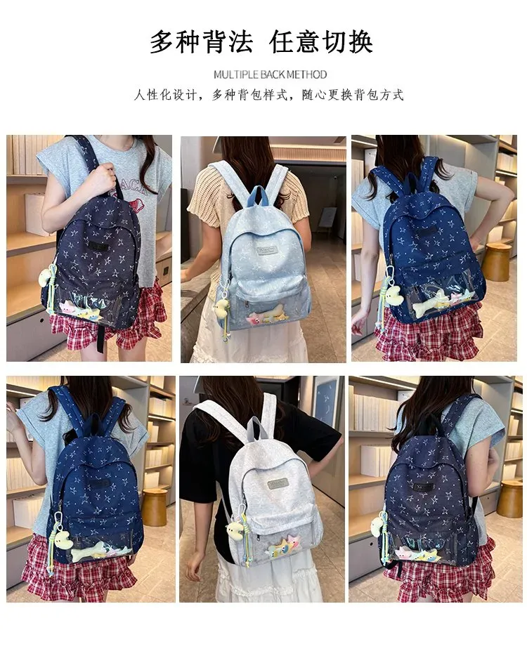 Tas Ransel Wanita Bahan Nylon Motif Print Warna Biru Bentuk Kotak Tali Lebar Dengan Gantungan