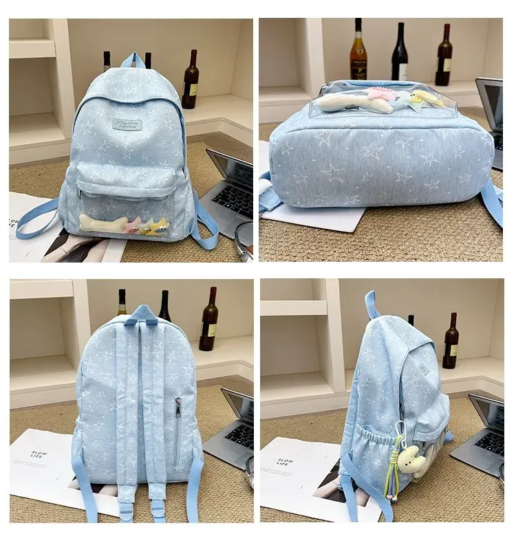 Tas Ransel Wanita Bahan Nylon Motif Print Warna Biru Bentuk Kotak Tali Lebar Dengan Gantungan
