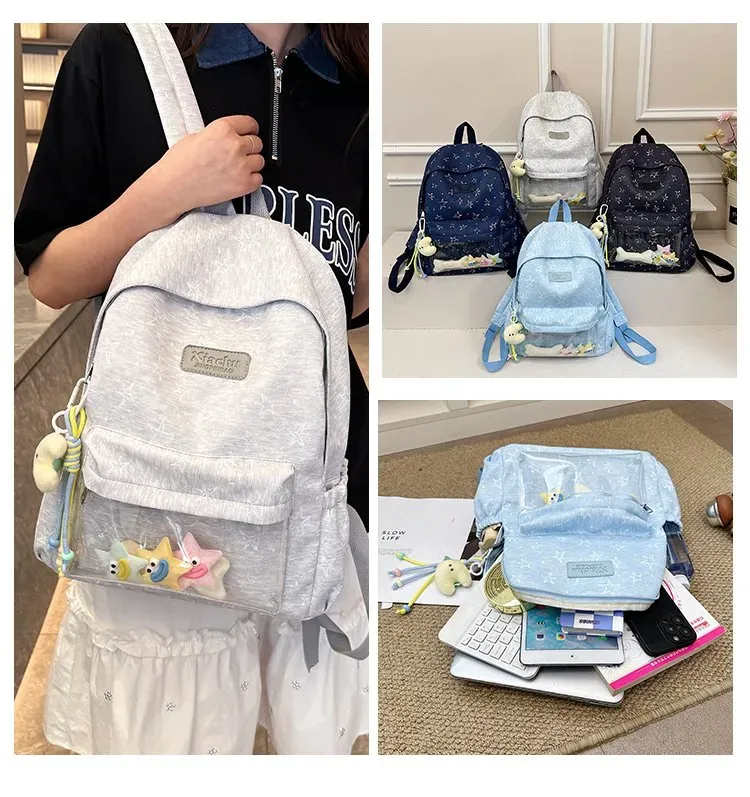 Tas Ransel Wanita Bahan Nylon Motif Print Warna Biru Bentuk Kotak Tali Lebar Dengan Gantungan
