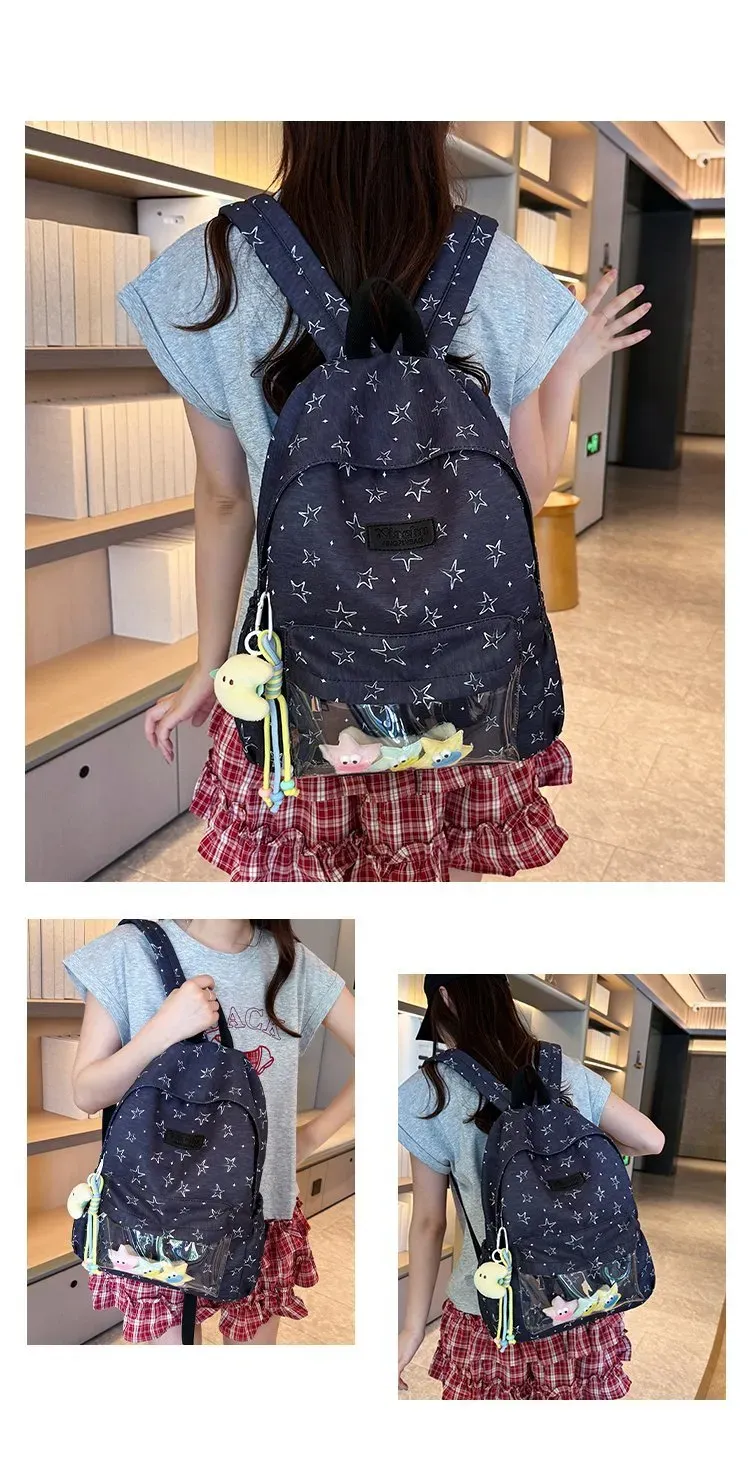 Tas Ransel Wanita Bahan Nylon Motif Print Warna Biru Bentuk Kotak Tali Lebar Dengan Gantungan