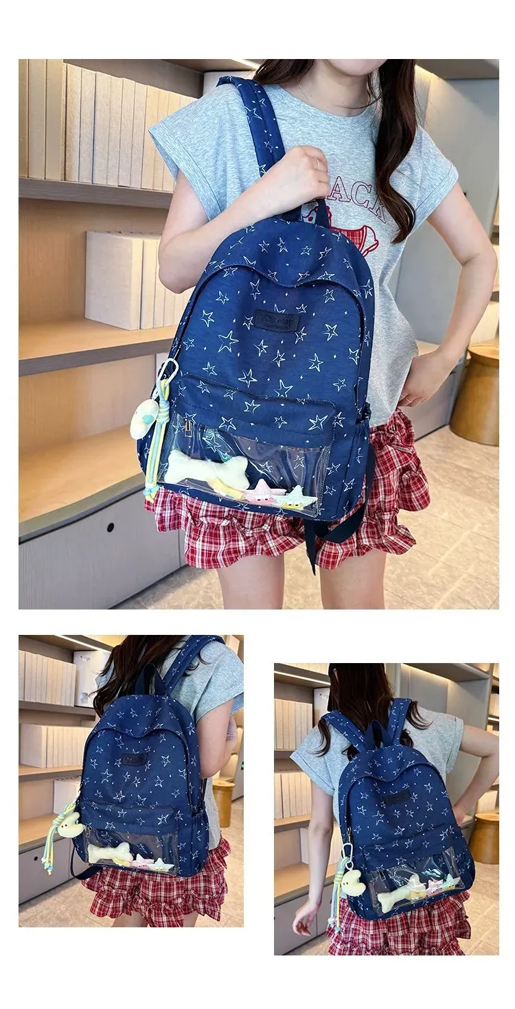 Tas Ransel Wanita Bahan Nylon Motif Print Warna Biru Bentuk Kotak Tali Lebar Dengan Gantungan
