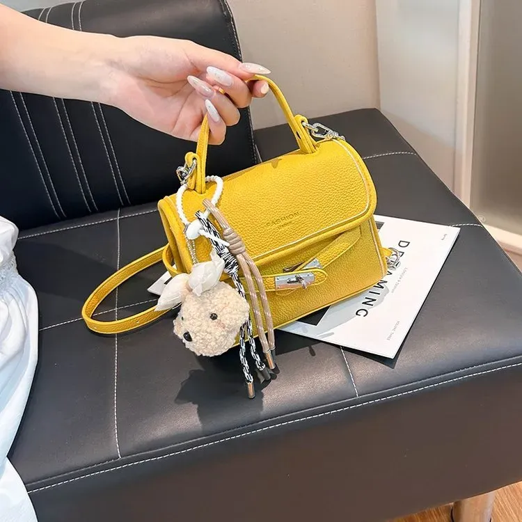 Tas Selempang Wanita Bahan PU Sintetis Polos Warna Putih Bentuk Kotak Tali Warna Cokelat