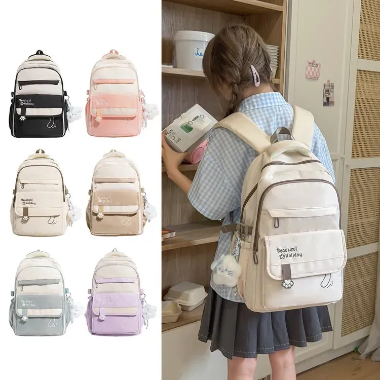 Tas Ransel Wanita Bahan Oxford Polos Bentuk Kotak Tali Lebar Resleting Dengan Gantungan Grosir