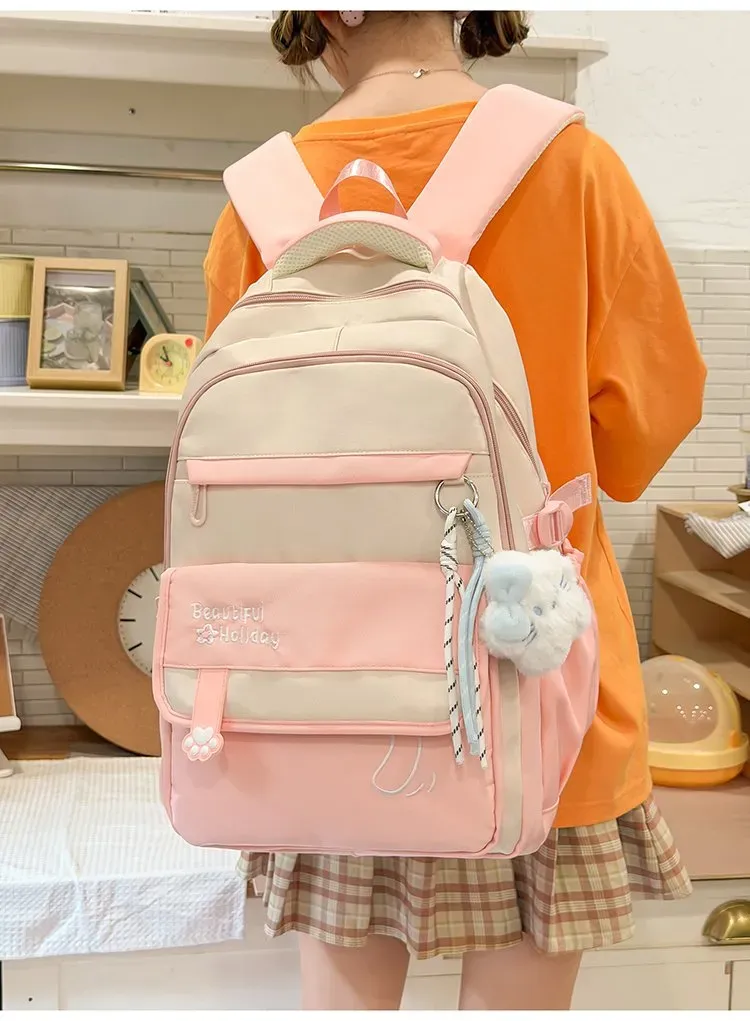 Tas Ransel Wanita Bahan Oxford Polos Bentuk Kotak Tali Lebar Resleting Dengan Gantungan Grosir