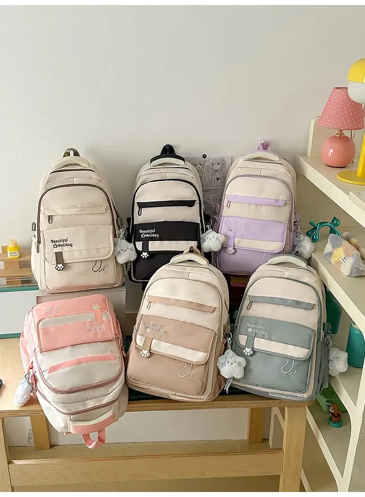 Tas Ransel Wanita Bahan Oxford Polos Bentuk Kotak Tali Lebar Resleting Dengan Gantungan Grosir