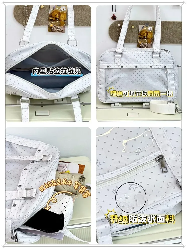 Tas Selempang Wanita Bahan Nylon Motif Polkadot Warna Putih Bentuk Kotak Tali Grosir Import