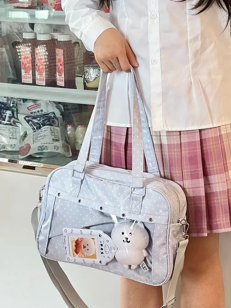 Tas Selempang Wanita Bahan Nylon Motif Polkadot Warna Putih Bentuk Kotak Tali Grosir Import