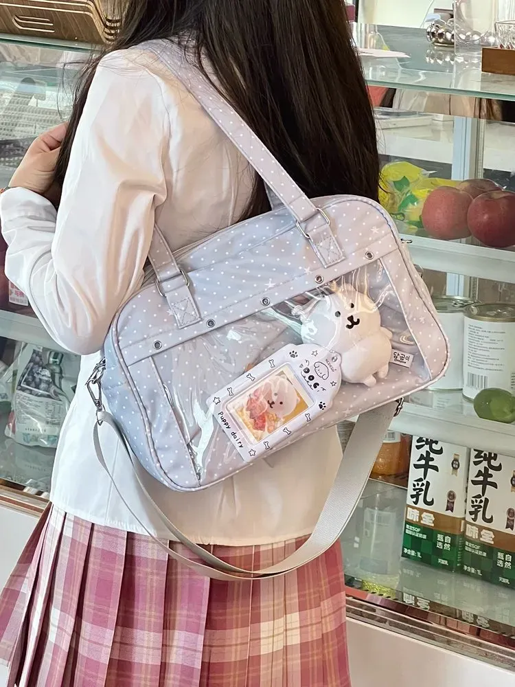 Tas Selempang Wanita Bahan Nylon Motif Polkadot Warna Putih Bentuk Kotak Tali Grosir Import