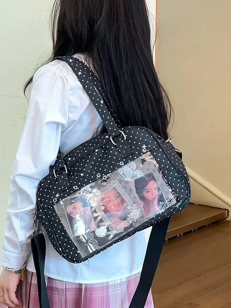 Tas Selempang Wanita Bahan Nylon Motif Polkadot Warna Putih Bentuk Kotak Tali Grosir Import