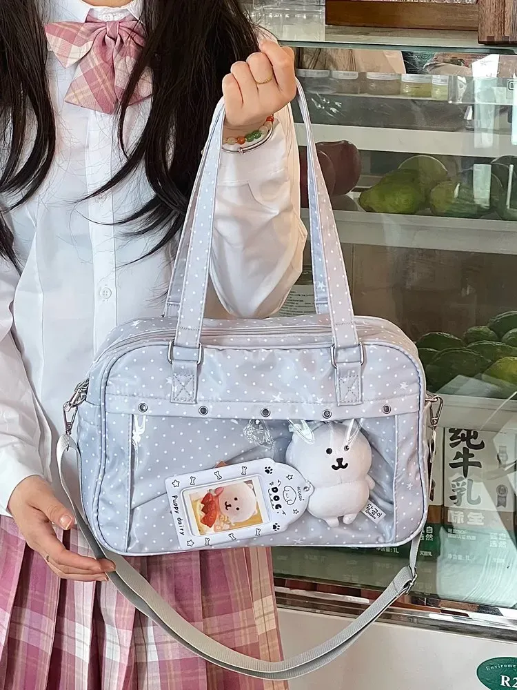 Tas Selempang Wanita Bahan Nylon Motif Polkadot Warna Putih Bentuk Kotak Tali Grosir Import