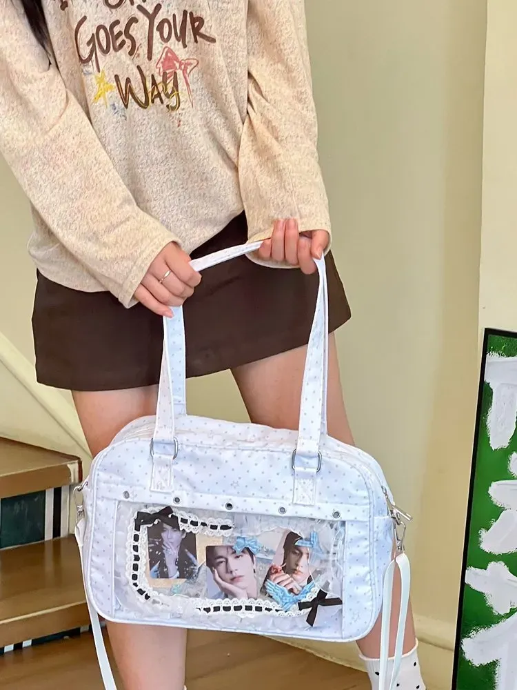 Tas Selempang Wanita Bahan Nylon Motif Polkadot Warna Putih Bentuk Kotak Tali Grosir Import kategori tas selempang grosir