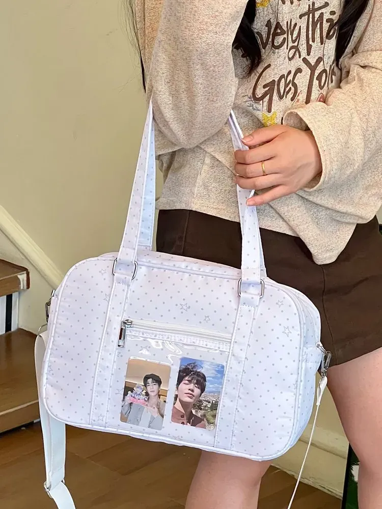 Tas Selempang Wanita Bahan Nylon Motif Polkadot Warna Putih Bentuk Kotak Tali Grosir Import