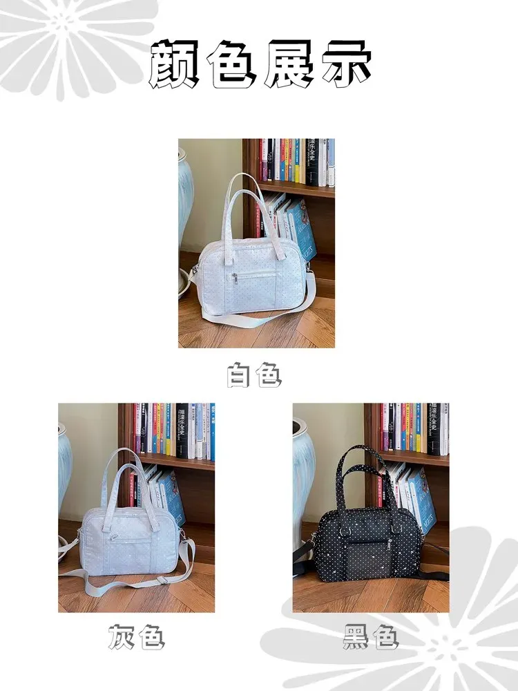 Tas Selempang Wanita Bahan Nylon Motif Polkadot Warna Putih Bentuk Kotak Tali Grosir Import